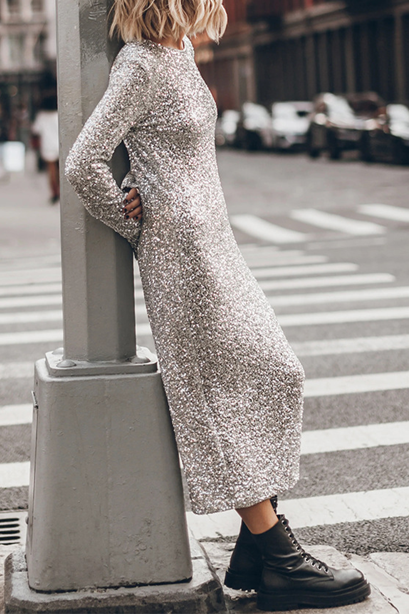 Aiertu  -Casual Street Sequins Backless O Neck Long Sleeve Dresses aiertu