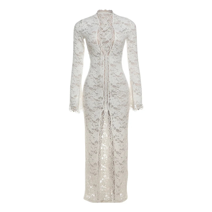 Aiertu  -  Lace Deep V-Neck Embroidery Ruffles Dress Women Sexy Slits See Through Solid Tassel Petal Cuffs Street Elegance Vestidos Aiertu