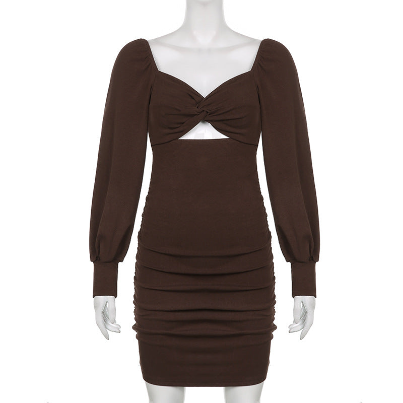 Aiertu - Twist Chest Cutout Puff Sleeve Pleats Dress Aiertu