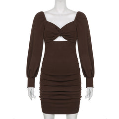 Aiertu - Twist Chest Cutout Puff Sleeve Pleats Dress Aiertu