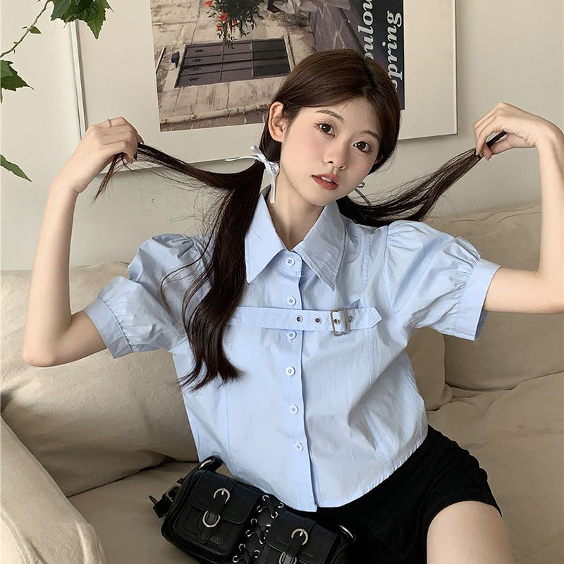 Aiertu Y2K Puff Short Sleeve Blouse Women Asymmetrical Belt Chic Slim Shirts Student Summer Korean Irregular White Crop Tops New Aiertu