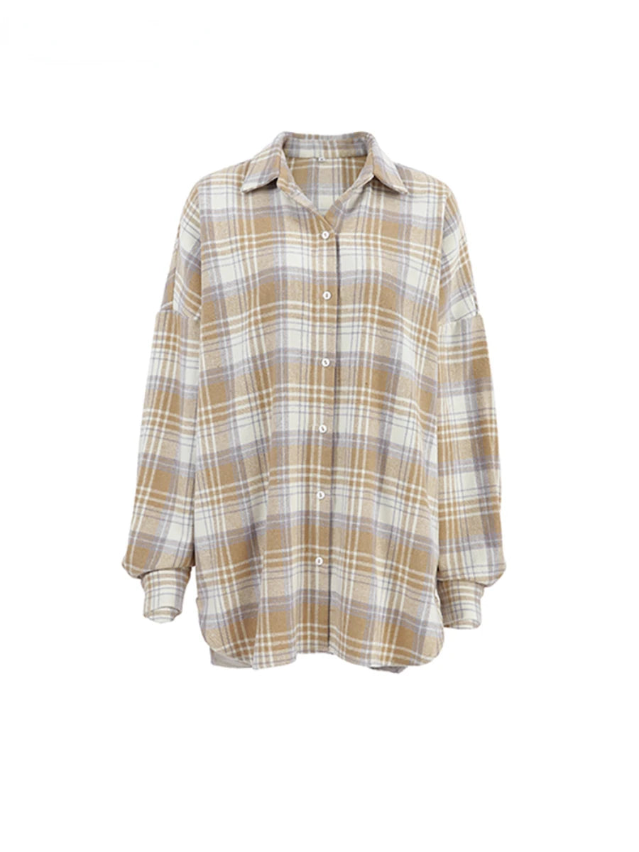 Aiertu  -  Women Vintage Long Sleeve Check Shirts Female Spring Fashion Casual Turn Down Collar Office Single Breasted Blouse Aiertu