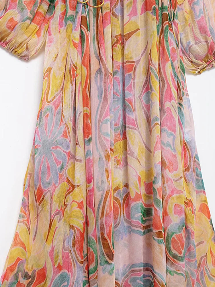 Aiertu  -  Fashion Print Tulle Lace Up Dress Women Loose O-neck Long Lantern Sleeve Pleated Female Dresses Summer Lady Colorful Robes Aiertu