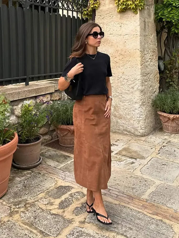 Aiertu  -  Vintage Brown Suede Leather Skirt For Women Fashion High Waist Slim A-line Skirts Autumn New Lady Office All-match Streetwear Aiertu