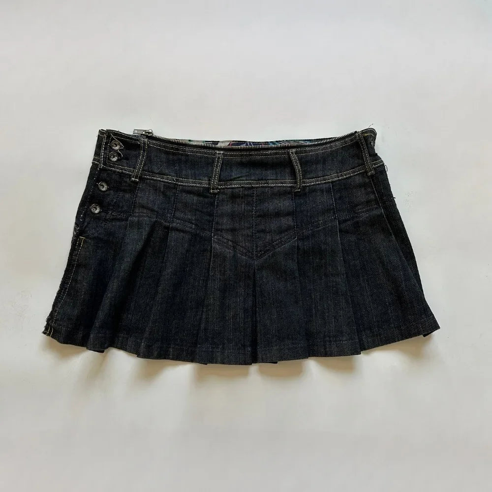 Aiertu  -   Streetwear Y2K Vintage Denim Suit Skirt Sets Womens Outfits Black Sexy Hollow Vest Suspenders Harajuku Goth Zipper Pleated Skirt Aiertu