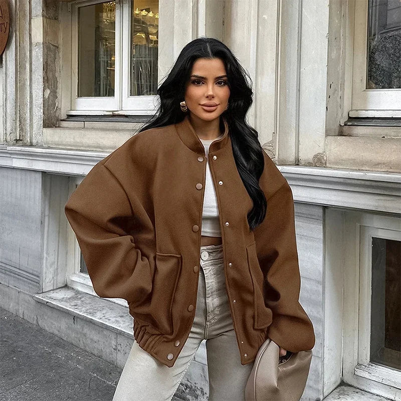 Aiertu  -  Loose Brown Bomber Coats Women Vintage Stand Collar Single Breasted Zipper Pockets Jacket 2026 Autumn New Lady Tops Outwear Aiertu