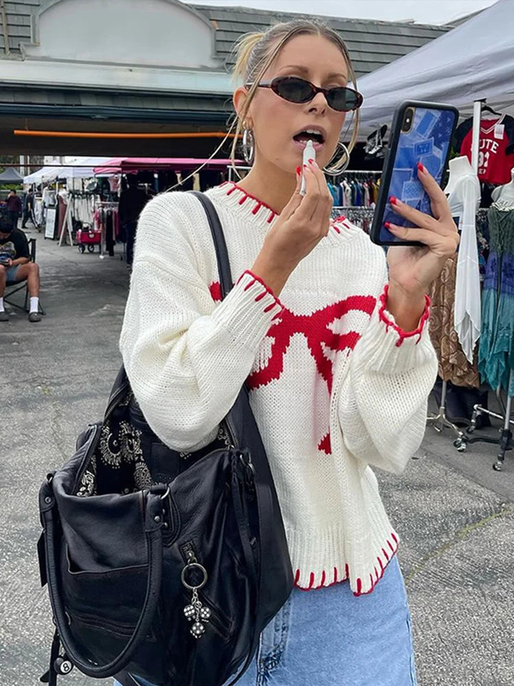 Aiertu  -  Bowknot Embroidery Long Sleeve Sweater Women Crew Neck Fashion Loose Color Blocking Knit Pullover 2026 New Autumn Lady Knitwear Aiertu