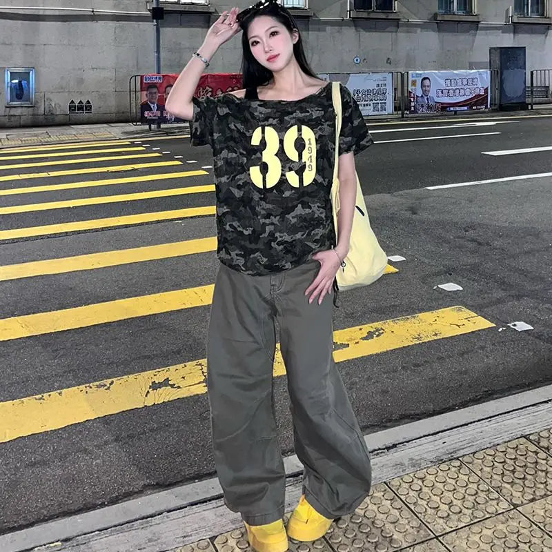 Aiertu  -  street slanted shoulder t-shirt women's summer new camouflage short-sleeved y2k loose and thin off-the-shoulder machine top Aiertu