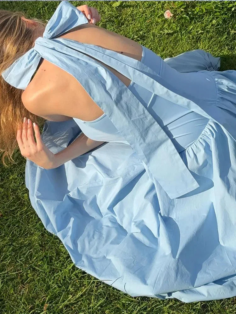 Aiertu  -  Lady Chic Blue Bow Lace Up Sling Sexy Pleated Dress Off Shoulder Backless Sleeveless Dresses New Design Party Holiday Sweet Robe Aiertu
