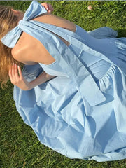 Aiertu  -  Lady Chic Blue Bow Lace Up Sling Sexy Pleated Dress Off Shoulder Backless Sleeveless Dresses New Design Party Holiday Sweet Robe Aiertu