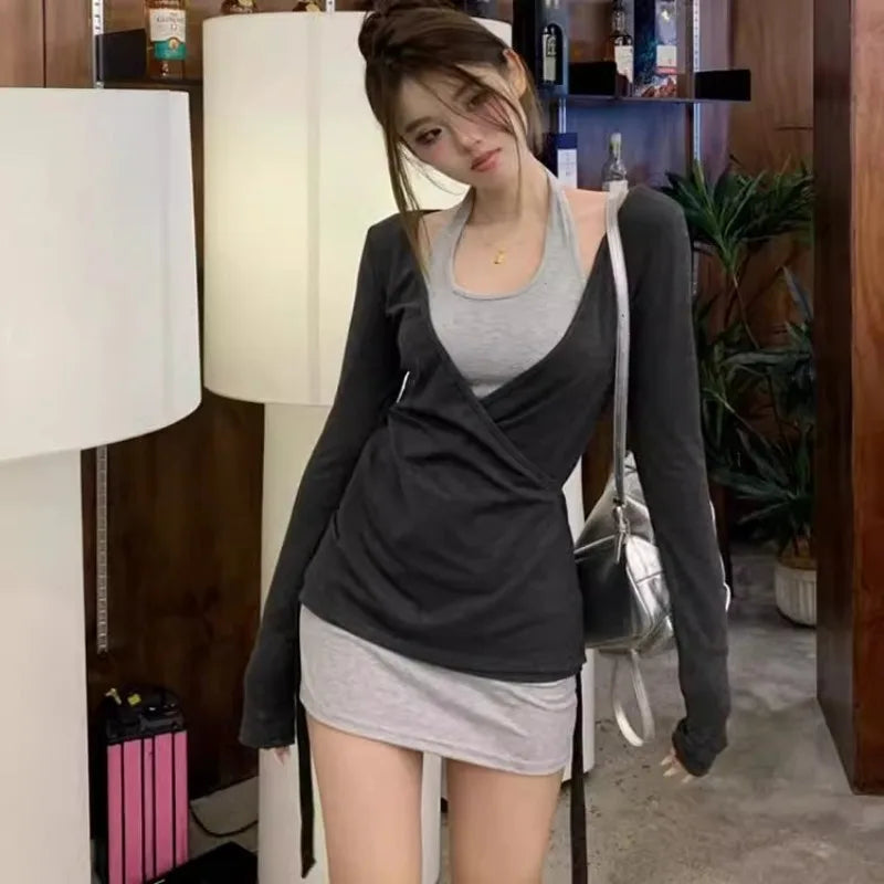 Aiertu  -  Sweet Hot Girl Pure Sexy Suit Women's Autumn Grey Halter Neck Dress V-neck Long-sleeved T-shirt Two-piece Set Female Clothes Aiertu