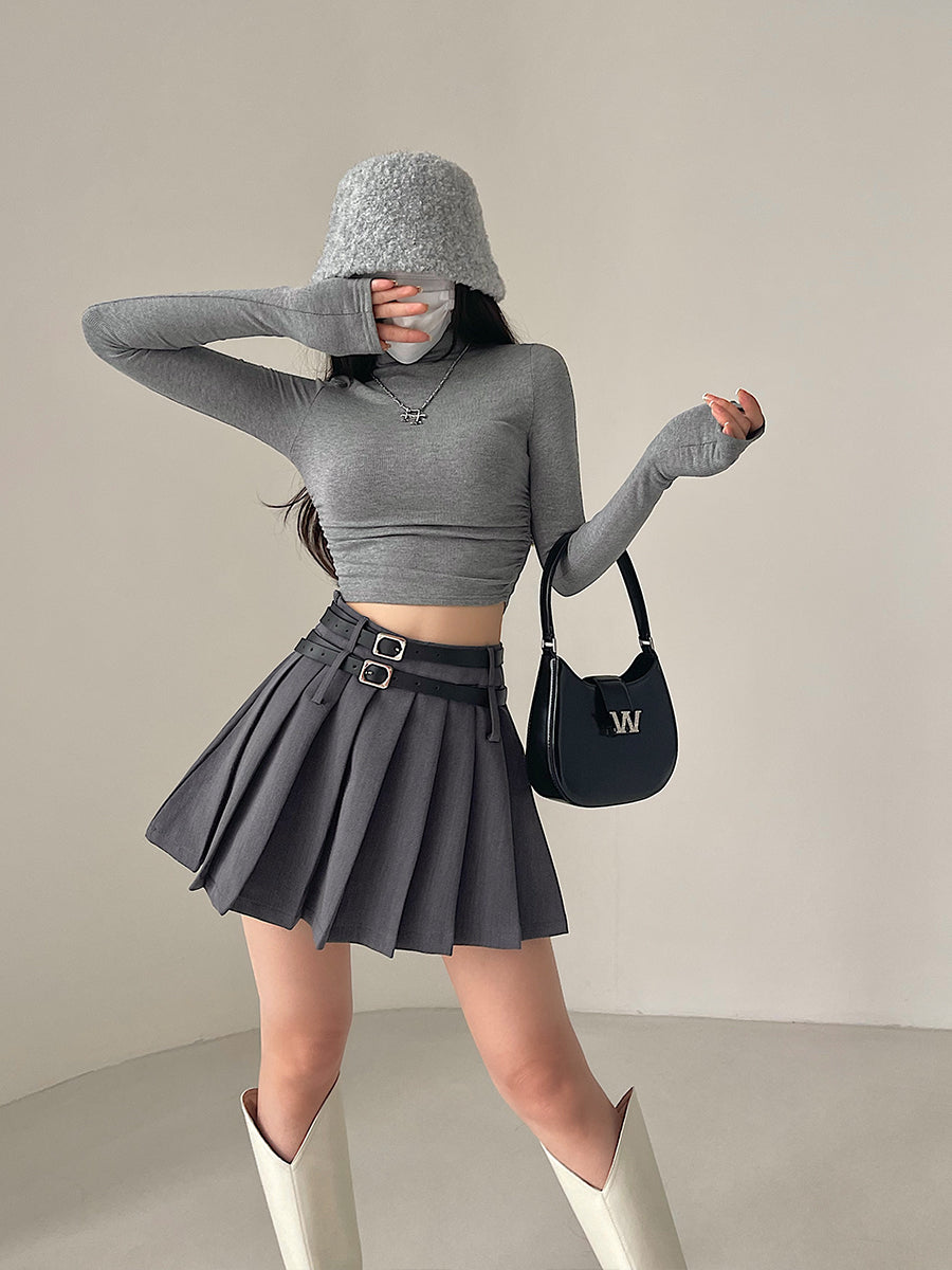 Aiertu Solid Color Double Mini Belt Pleated Mini Skirt Aiertu