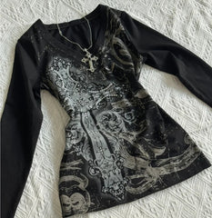 Aiertu  -  American Gothic Lettering Printed Long-sleeved T-shirt Women Retro Millennium Babes Rock Sexy Casual Harajuku Casual Y2K Top Aiertu