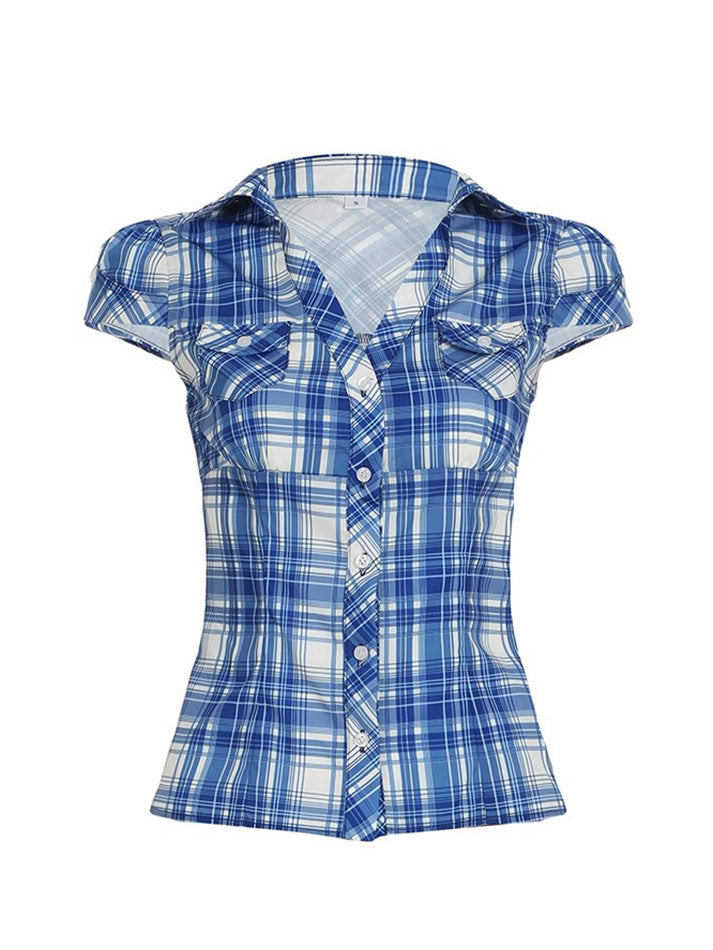 Aiertu  -Vintage Plaid Button-Up Collared Short Sleeve Shirt aiertu