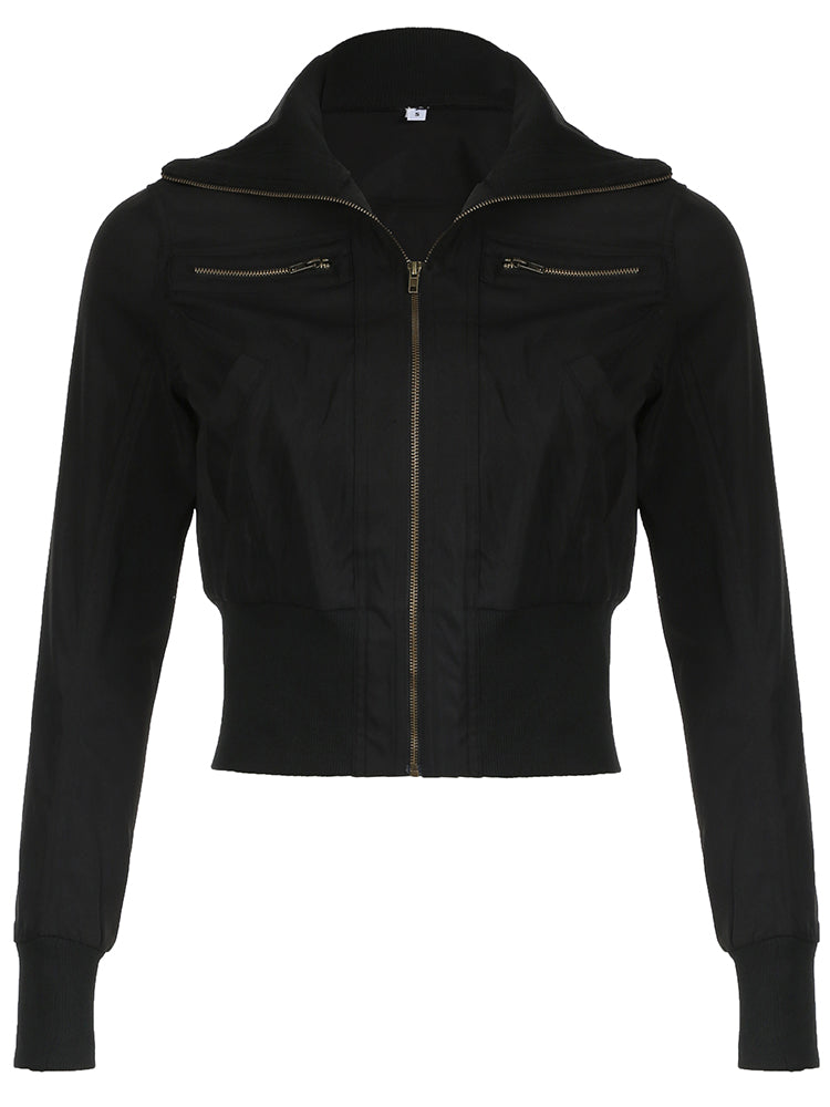 Aiertu - summer inspo Korean Street Style Black Zip Up Turtleneck Slim Long Sleeve Bomber Jackets For Women Autumn New Fashion Gothic Outwears Aiertu
