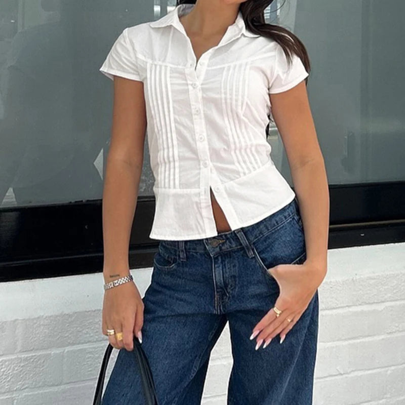 Aiertu  Turn-Down Collar Button-Up Corset Blouse Women's Casual Solid Tee Shirt Korean Short Sleeve Fashion Cute Top Aiertu