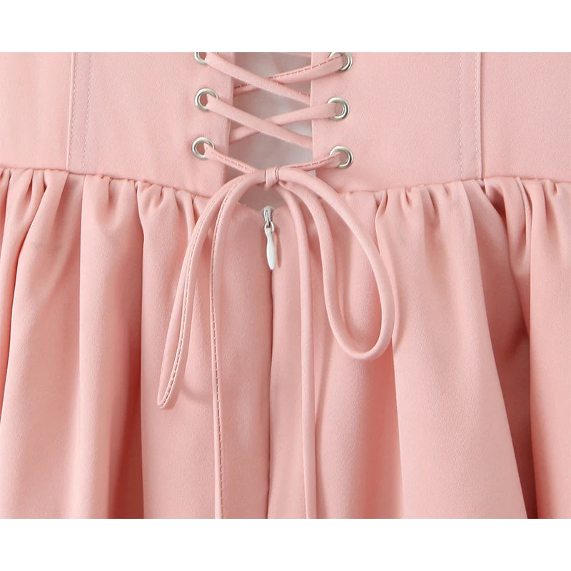 Aiertu  -  Sweet Girl Lace Up Pink Princess Mini Dress Women Sexy Sleeveless Low Waist A-line Mini Summer Dresses Party Robe Aiertu