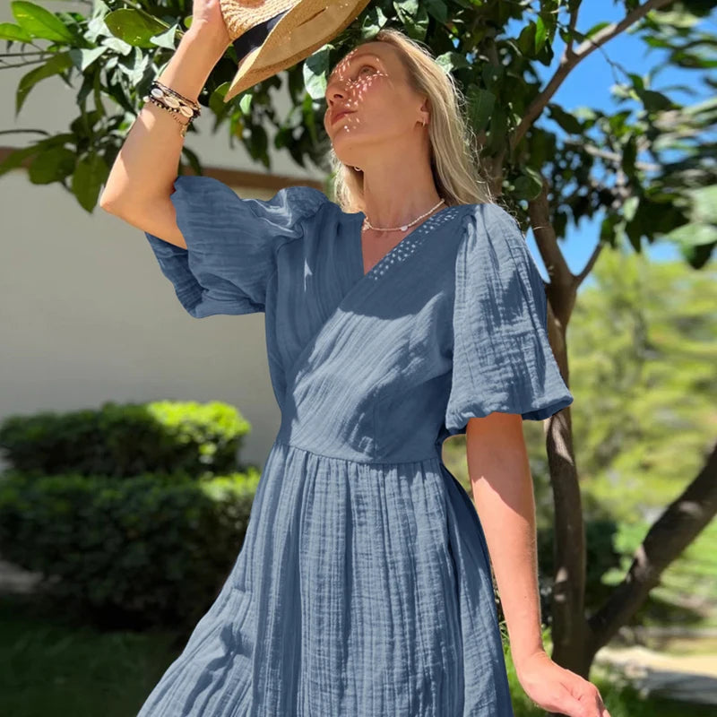 Aiertu  -   Gauze Long Dress For Women Sexy V-Neck Sweet Puff Sleeve Bandage Chic Elegant Party Beach Sundress Aiertu
