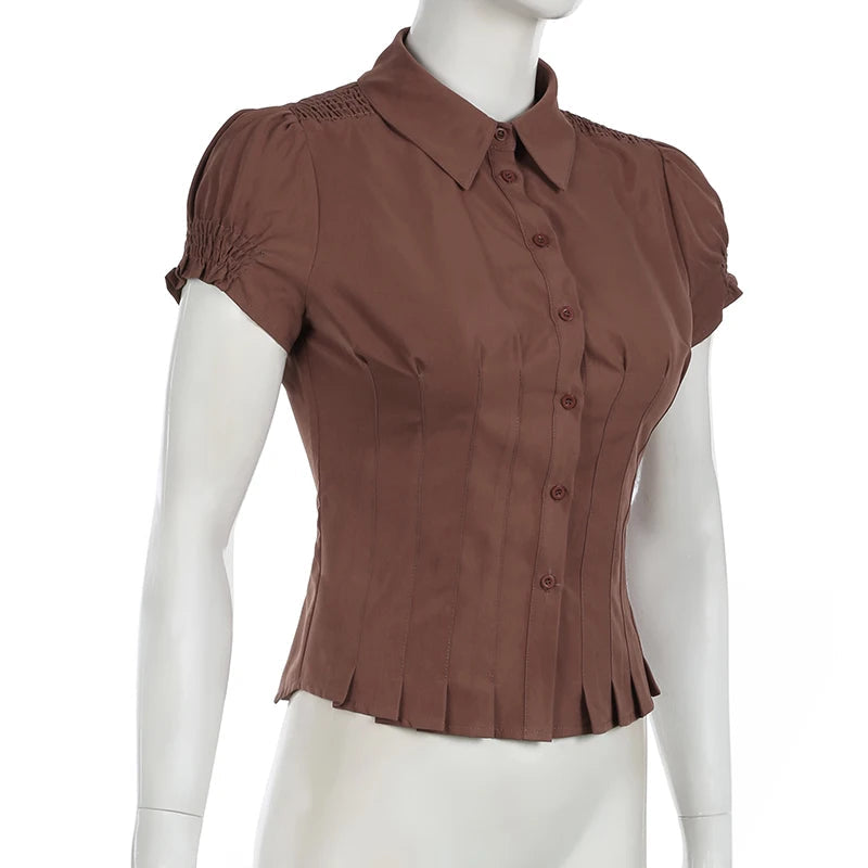 Aiertu  -  Fashion Chic Brown Summer Shirts Female Folds Slim-Waist Vintage Y2K Top Buttons Pleated Blouse Cropped Clothes Aiertu