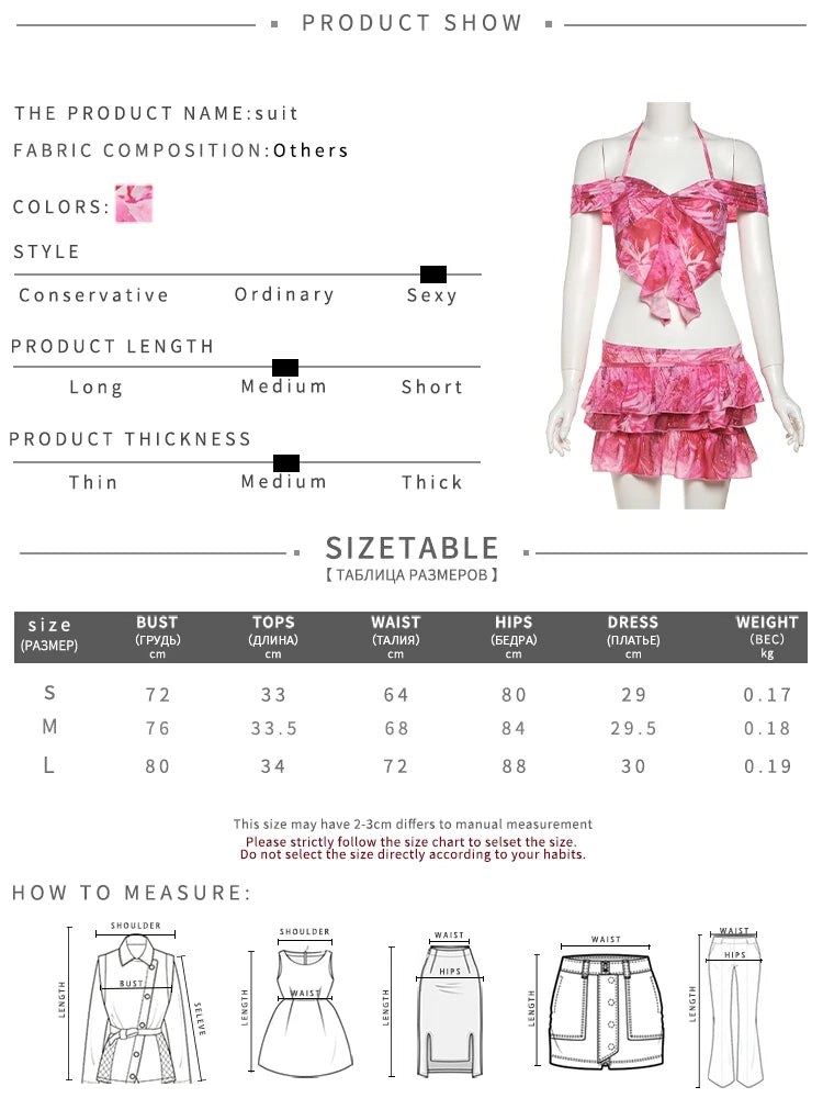 Aiertu  Sexy Tie-Dye Print 2-Piece Set Women Folds Halter Lace-Up One Shoulder Backless Tops+Tierred Mini Skirts Matching Suits Aiertu