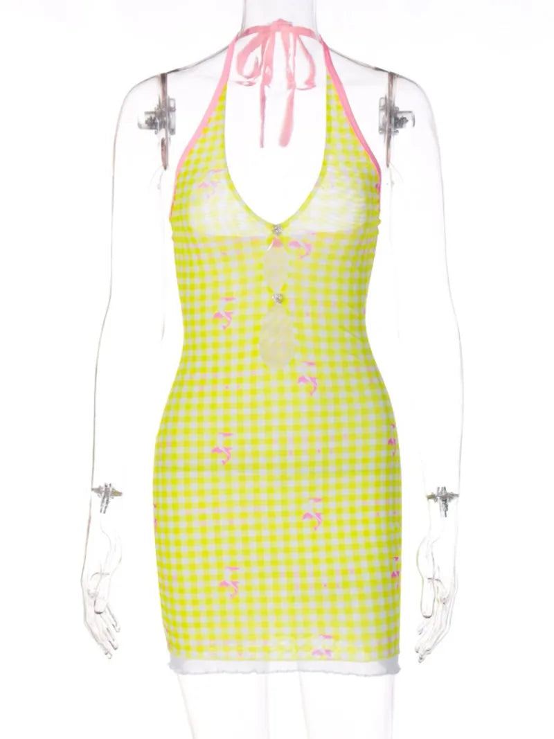 Aiertu  -  2026 Autumn Halter Backless Print Yellow Mini Dress Streetwear Fashion Sexy V-neck Hollow Out Slim Sleeveless Party Club Dresses Aiertu