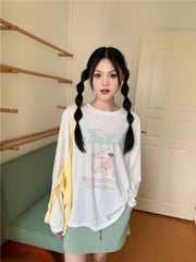 Aiertu  -  Sweet Girl Cartoon O-neck Long-sleeved T-shirt Women's Spring and Summer Cute Casual Loose Top Fashion Female Clothes Aiertu