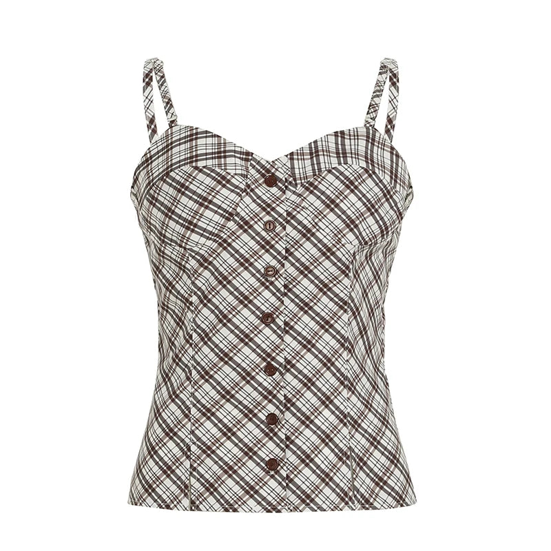 Aiertu  -  Y2K Women Plaid Vest Sweet Style Retro Buttons Slit Hem Camisole Aesthetic Chic Fashion Tank Top Summer Outfits 2025 Aiertu