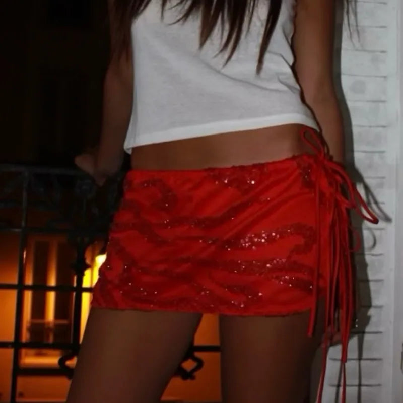 Aiertu  -  Sequin Bead Print Women's Mini Skirt Lace Up Flower Slim Short Straight Skirt Summer Beach Vacation Female's Skirts Aiertu