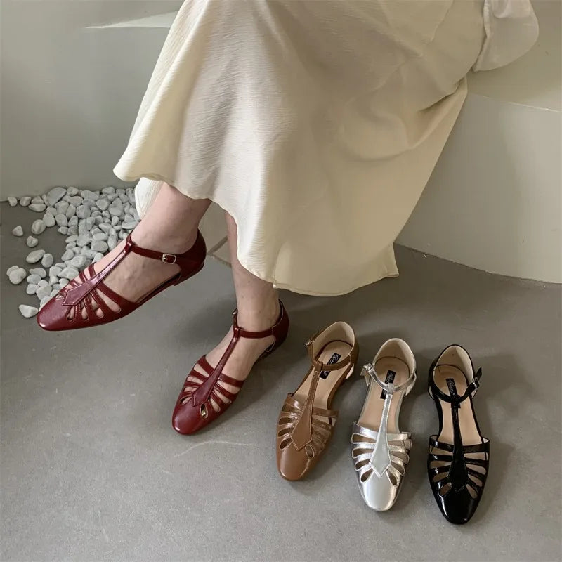 Aiertu  -   T-strap Rome Flat Sandals Women Hollow Out Vintage Summer Mary Janes Shoes Ladies Pu Leather Holiday Elegant Gladiator Sandals Aiertu