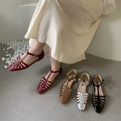 Aiertu  -   T-strap Rome Flat Sandals Women Hollow Out Vintage Summer Mary Janes Shoes Ladies Pu Leather Holiday Elegant Gladiator Sandals Aiertu