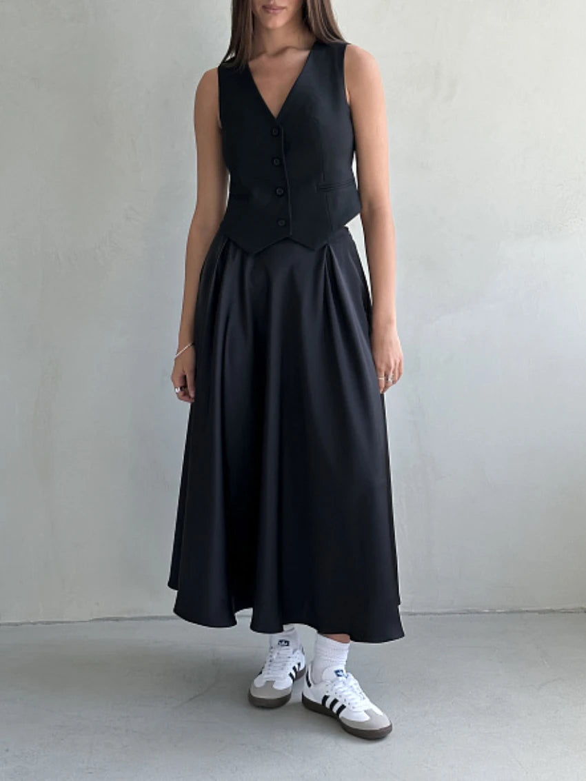 Aiertu  -   Elegant Satin Loose Women Skirt High Waist Maxi Skirts Streetwear Classic Long Skirt Fashion Female Black Skirt Aiertu