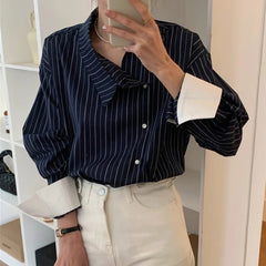 Aiertu  -  Blusas De Mujer Retro Irregular Neck Contrasting Striped Shirts Blouse Spring New Tops Roupas Femininas Chic Loose Shirt Aiertu