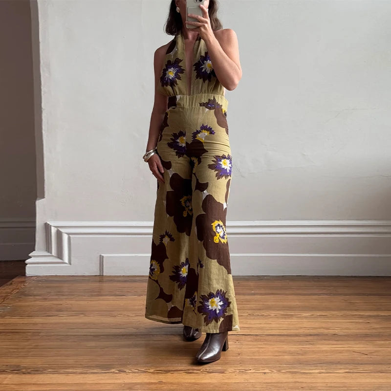 Aiertu  -  Printed Sequins Backless Halter Jumpsuits Women High Waist Deep V-neck Wide Leg Straight Jumpsuit Commute Holdiay Lady Romper Aiertu