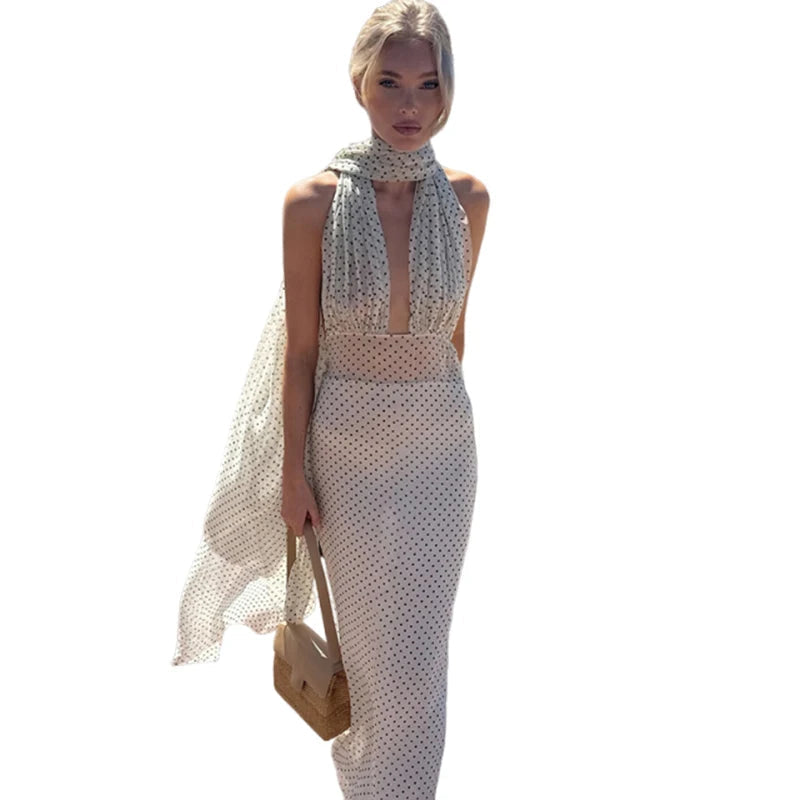 Aiertu  -  Sleeveless Elegant See Through Women Dress Halter Scarf Backless Summer Trend Clubwear Banquet Party Skinny Maxi Bodycon Aiertu