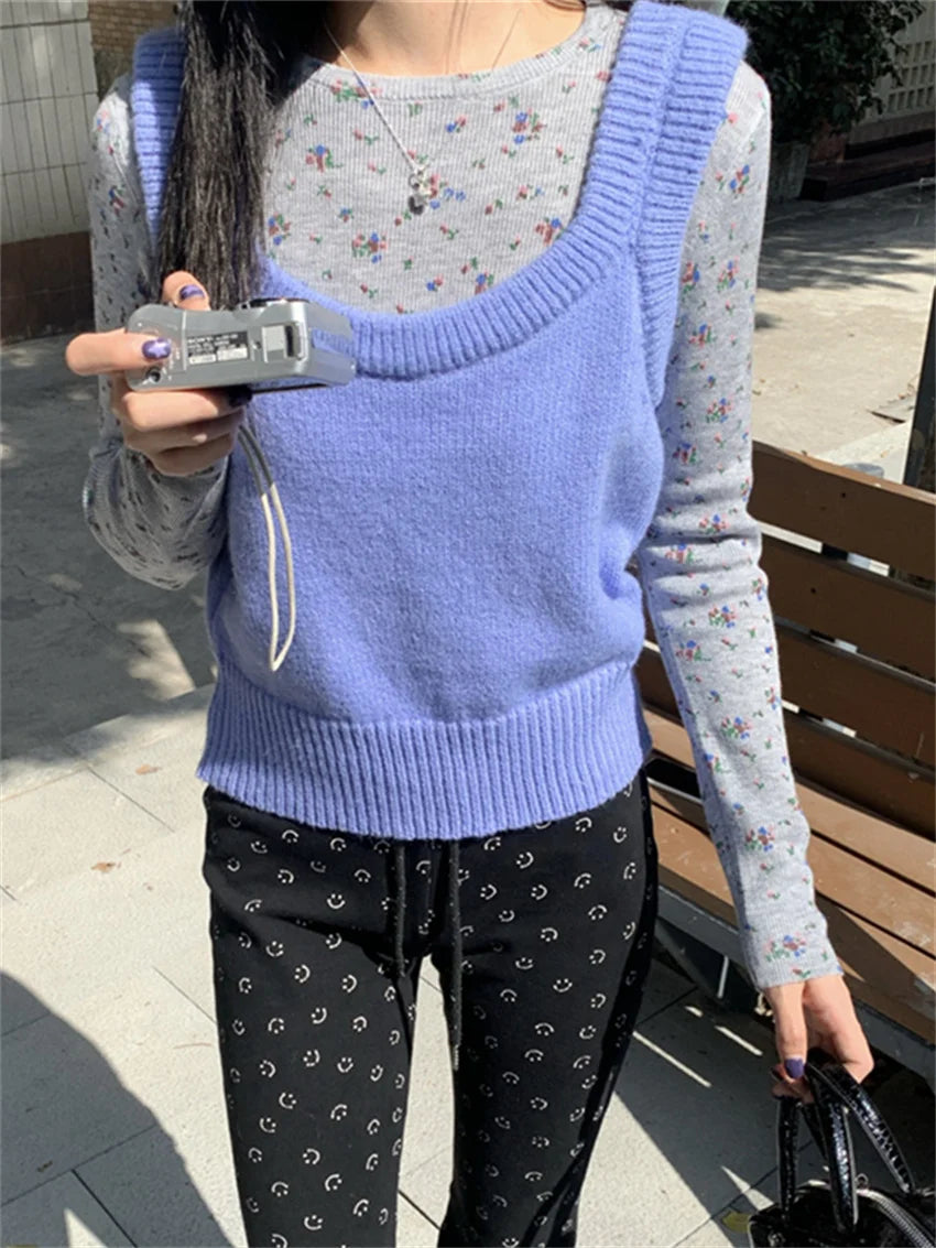 Aiertu  -  Slim Office Lady T-Shirts Women Florals New Knitted Vest Elegant 2026 Sweet Vintage Spring Gentle All Match Tees Aiertu
