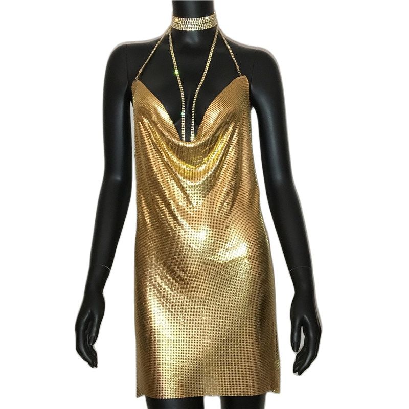 Aiertu Sexy Gold Sequined Patchwork Mini Dress Women Sleeveless Low Cut Metal Chains Halter Slim Charming Nightclub Party Dresses Aiertu