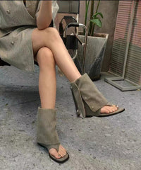 Aiertu  Simple Splicing Wedge Thong Sandals Boots Peep Toe Black Suede Aiertu