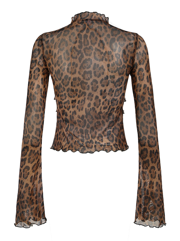 Aiertu - summer inspo Leopard Print Lace-Up Blouse Shirts Women Semi-Sheer Mesh Elegant Fashion Sexy Flared Sleeve Ruffled Cardigan Tops Aiertu
