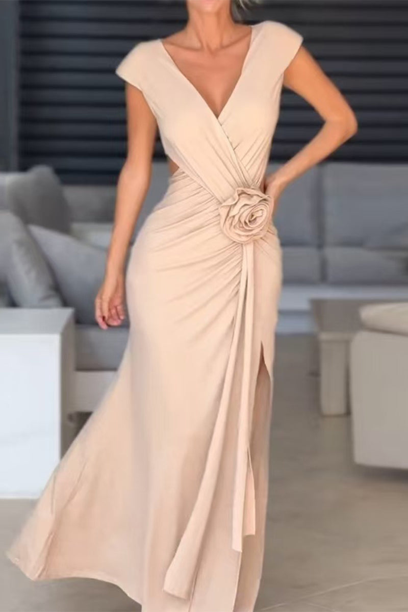 Aiertu  -  Sexy Slit Ruched Flower Shape V Neck Evening Dresses Aiertu