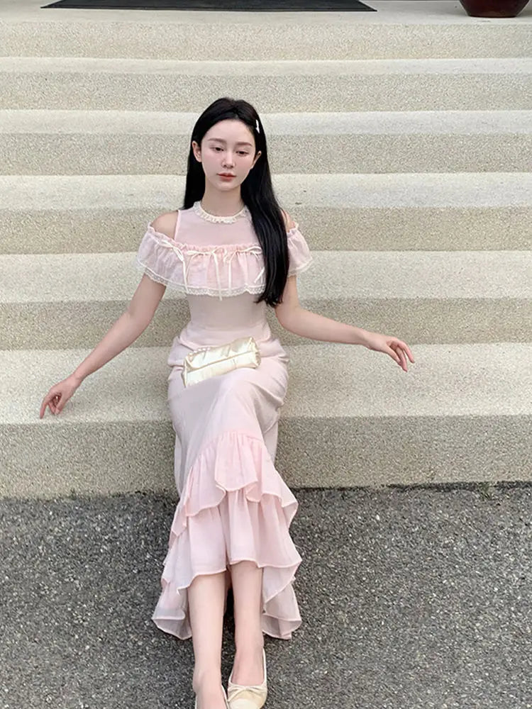 Aiertu  -   summer sweet girls pink long dress lace splicing ruffled off shoulder o neck short sleeve high waist slim a line dresses Aiertu