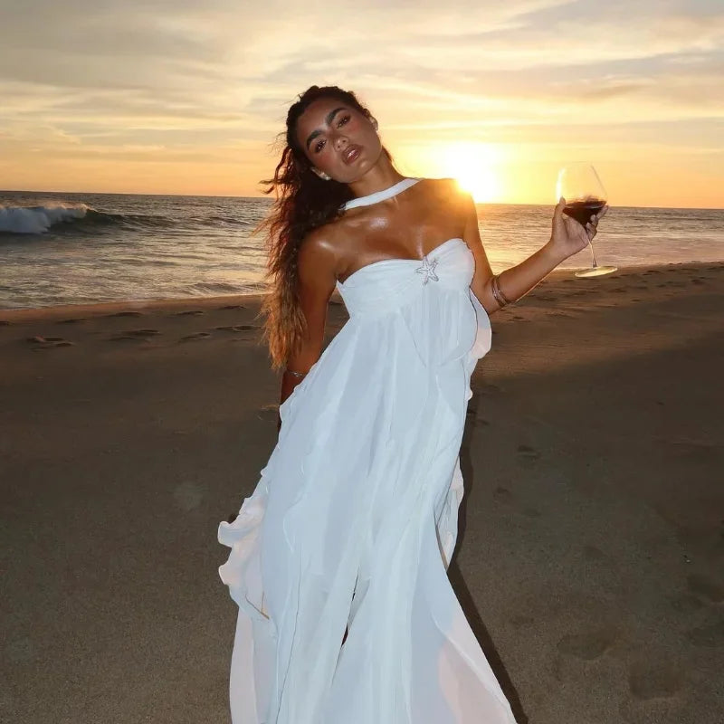 Aiertu  -  Chic Ruffles Scarf Collar Long Dress Women Elegant High Slit Off Shoulder Backless Tassel Midi Dresses Lady Solid Vacation Robes Aiertu