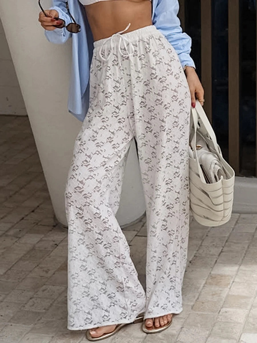 Aiertu  -  White Lace Jacquard Sheer Wide Leg Pant Women Drawstring High Waist Transparent Trouser Summer Sexy Casual Chic Bohemian Trouser Aiertu