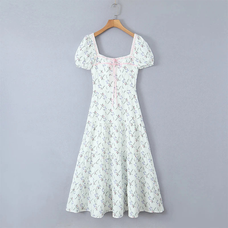 Aiertu  -  Elegant Women Floral Print Holiday Party Long Dresses Vintage Puff Sleeve Square Neck A-line Summer Dress Maxi Robe 2025 Aiertu
