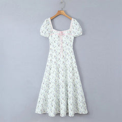 Aiertu  -  Elegant Women Floral Print Holiday Party Long Dresses Vintage Puff Sleeve Square Neck A-line Summer Dress Maxi Robe 2025 Aiertu