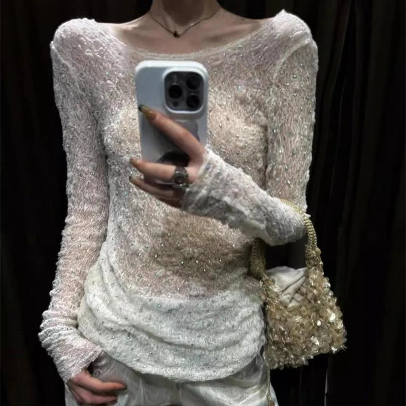 Aiertu  -  Y2k Aesthetic Sexy U Neck Backless Women Shirt 2025 White Diamond Streetwear Vintage Blouse Harajuku Fairy Bodycon Grunge Blusas Aiertu