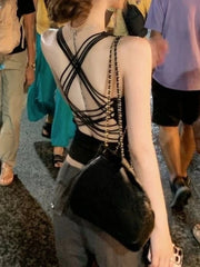 Aiertu  Women Vintage Backless Cross Tank Top Y2k Aesthetic Slim Fit Grunge Solid Tanks Summer Bodycon Harajuku Fairy Camisoles Sexy Aiertu