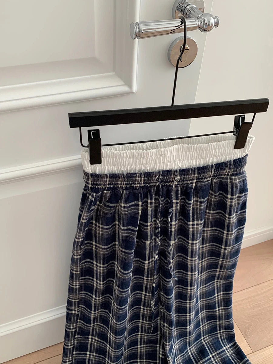 Aiertu  -  Vintage Plaid Wide Leg Pant Women Drawstring Patchwork High Waist Loose Trouser Spring New Fashion Simple Casual Pants 2025 Aiertu
