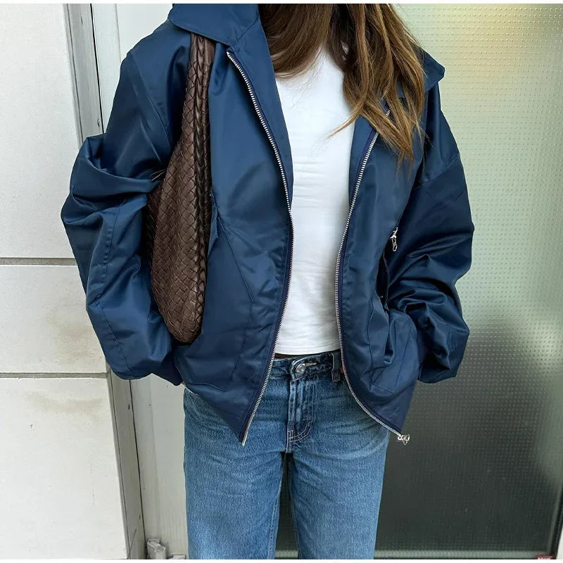 Aiertu  -  Casual Lapel Short Bomber Jackets Women Loose Patchwork Zipper Pockets Long Sleeve Coat 2026 Autumn New Lady Chic Tops Outwear Aiertu