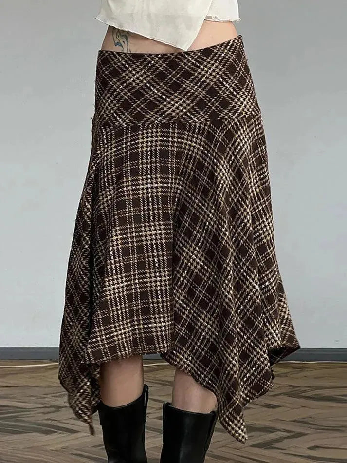 Aiertu  -Vintage Plaid Contrast High-Waisted Asymmetrical Skirt aiertu