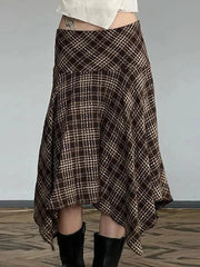 Aiertu  -Vintage Plaid Contrast High-Waisted Asymmetrical Skirt aiertu
